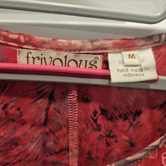 Frivolous Red Batik Sleeveless Dress M Handmade Rayon Ruffle Hem Boho - Picture 3 of 9